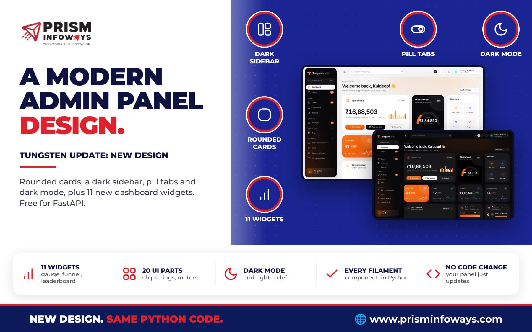 Tungsten's New Modern Admin Panel Design for Python and FastAPI: Dark Mode, 11 Widgets and 20 UI Components